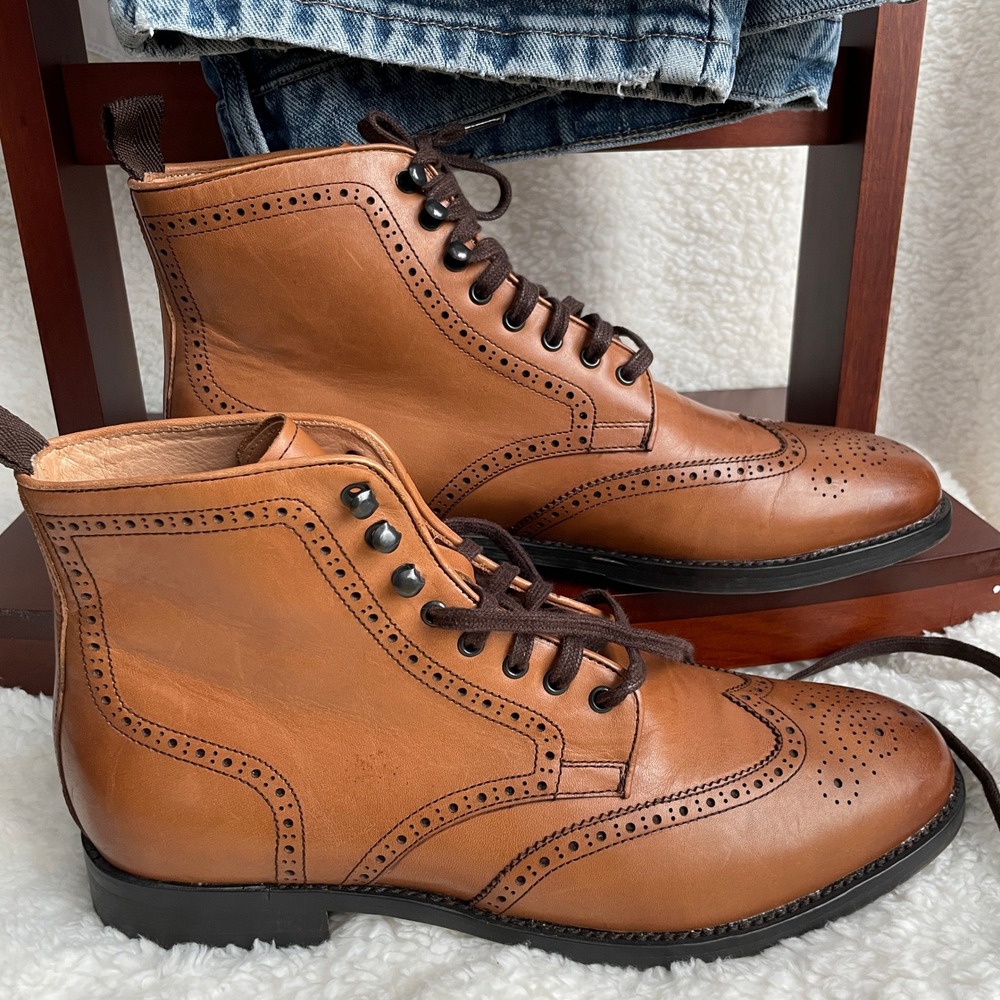 JWN John W Nordstrom Leather Mens Sz 8 D Wingtip Lace Up Boots Classic Tan *Note